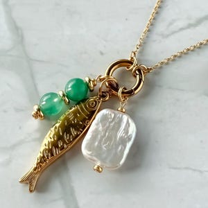 Gold Multi Charm Necklace - Green Aventurine, Baroque Pearl & Sardine, Boho Chic Coastal Jewelry, Fish Necklace, Big Pearl Charm Necklace,