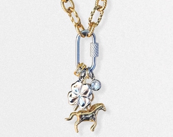 Mixed Metal Lucky Charm Necklace - Two Tone with Carabiner and CZ Charm