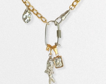 Mixed Metal Charm Necklace – Two Tone Fish Charm, Gold Crystal Accent & Abstract Hammered Detail