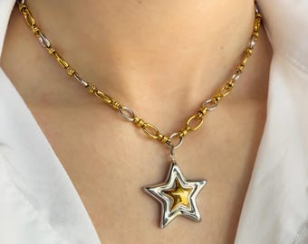 Tweekleurige ketting met sterhanger: gouden en zilveren roestvrijstalen ketting