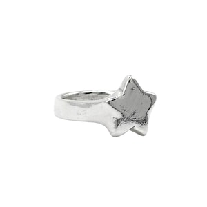 May include: A silver-toned ring featuring a prominent five-pointed star design on the front. The metal surface has a smooth, reflective finish with subtle variations in texture, creating a solid and continuous band that encircles the finger.