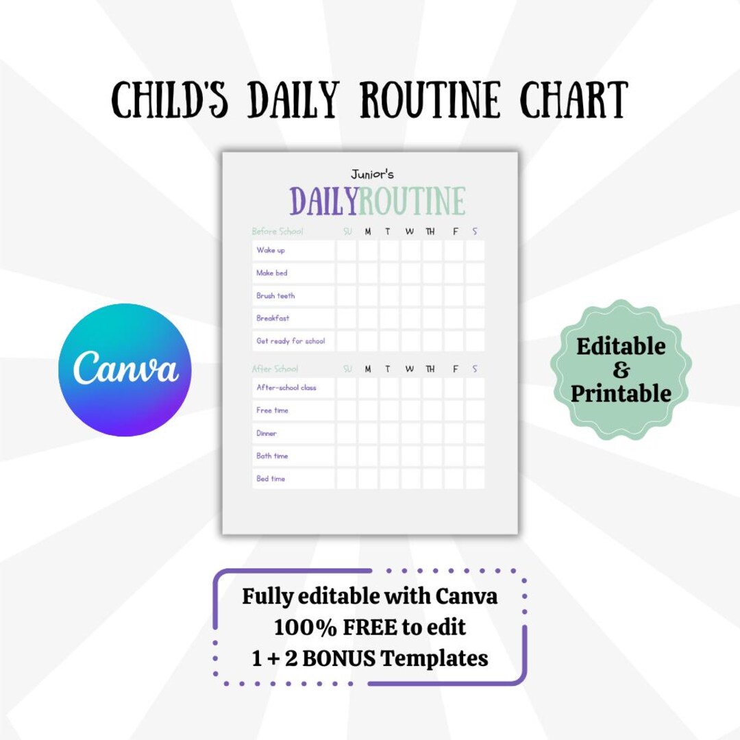 Child Routine Chart Editable Kids' Daily Routine Chart Editable Printable PDF Instant Download ...