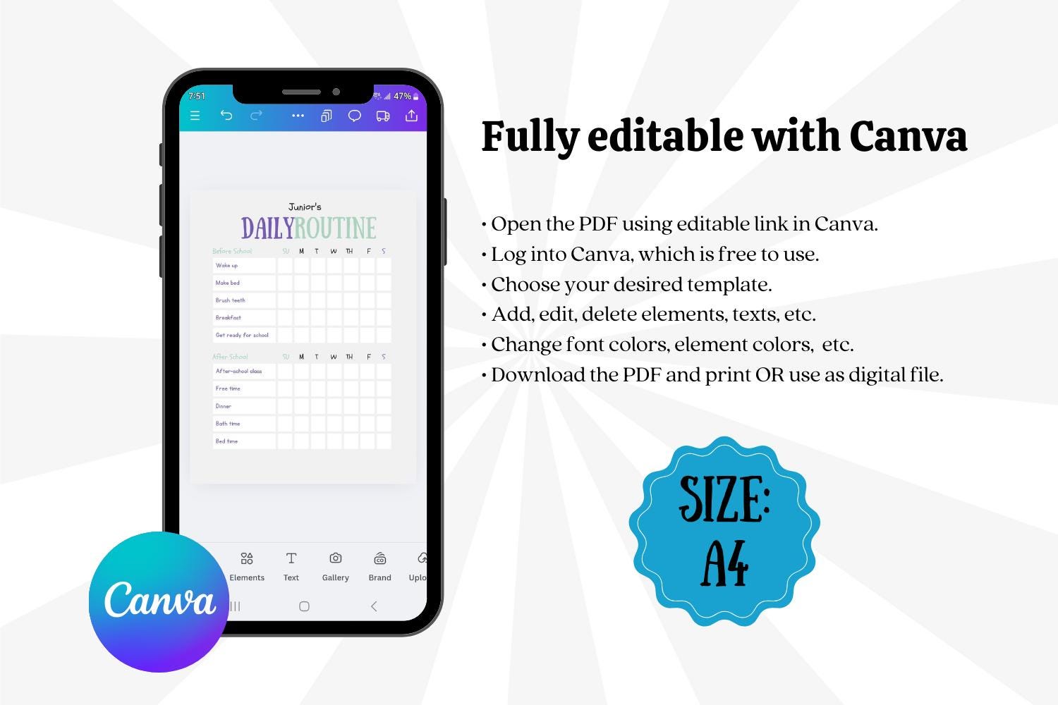 Kids' Daily Routine Chart Editable Printable PDF Instant Download ...