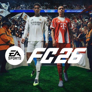 May include: Image promoting EA Sports FC26. Two football players in team kits walk towards the viewer. The EA Sports logo is visible. The background shows a stadium filled with fans.