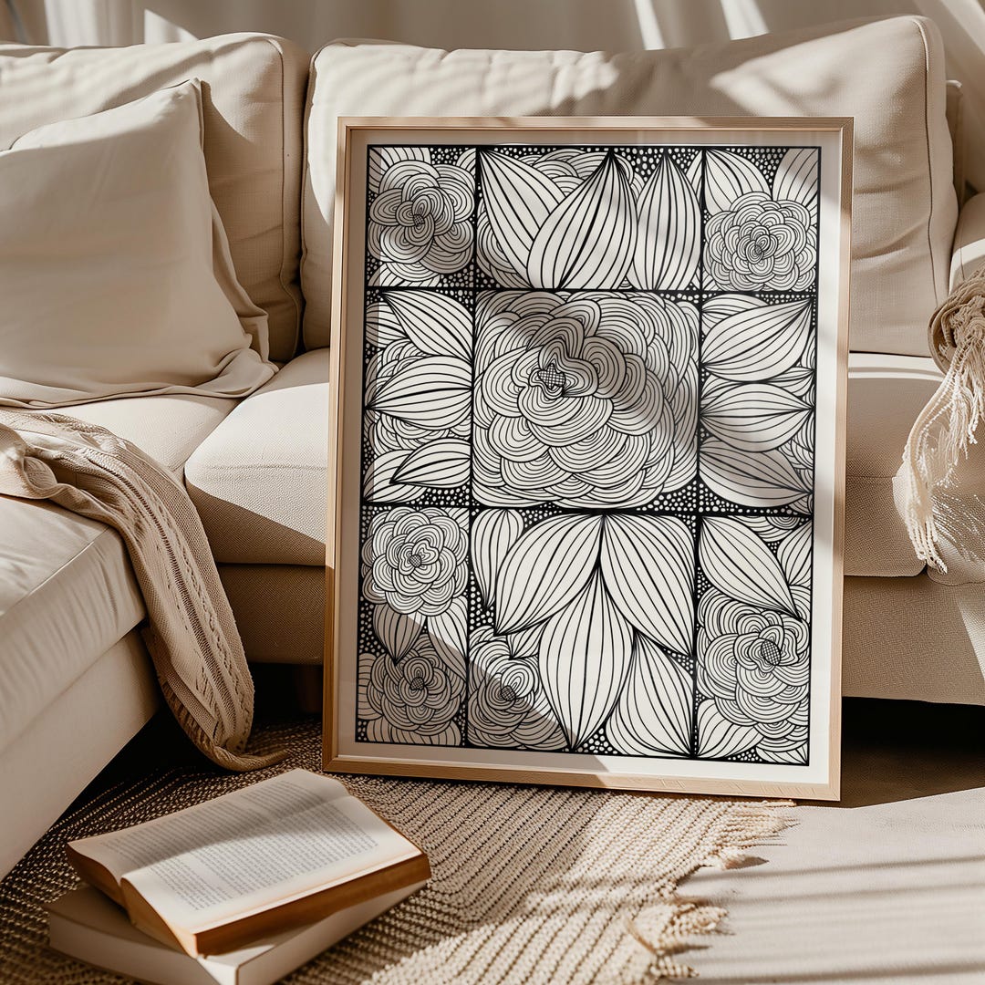 Stained Glass Roses, Black and White Wall Art Print, Original Hand ...