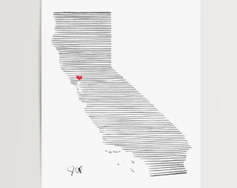 Napa Valley California Map Print: Minimal Line Art Design, Heart over Napa