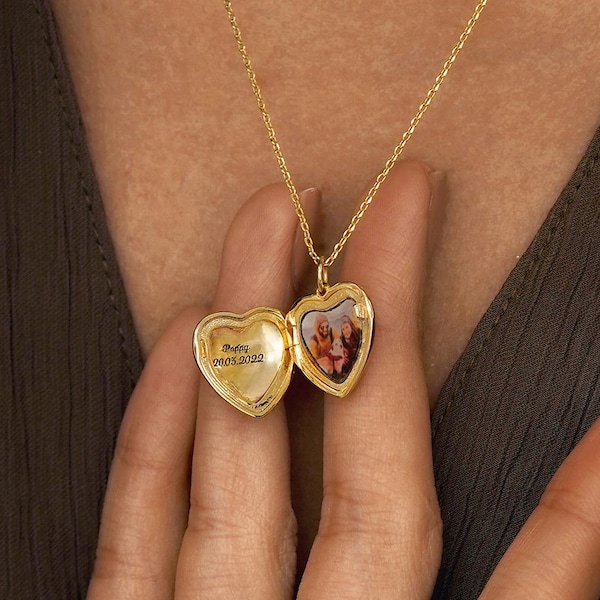 Custom Heart Photo Locket Necklace, Photo Locket Necklace for Mom, Engraved Name Necklace with Picture, Memorial Jewelry, Mom Gifts for Her