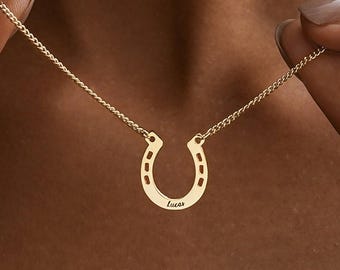 Custom Horseshoe Charm Necklace, Gold Engraved Name Necklace, Lucky Horse Shoe Necklace, Horse Gifts, Birthday Gift, Christmas Gift for Her