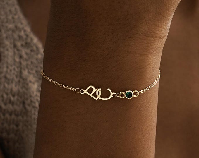 Custom Two Initial Bracelet with Birthstone, Letter Charm Bracelet, Family Birthstone Bracelet, Birthday Gift, Mother's Day Gift for Her