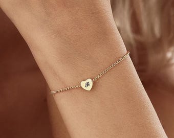 Personalized Heart Initial Charm Bracelet, Minimalist Engraved Letter Bracelet, Name Pendant Jewelry, Gold Bracelet, Christmas Gift for Her