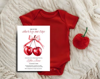 Cherry Baby Shower Invitation , Cherry on top Invite, Modern Baby Shower Invite, Coquette, Pink bow berries Minimal Girl Baby Shower Soft