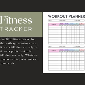 May include: A fitness tracker with the title "Fitness Tracker" in white text on a green background. The image includes a workout planner with sections for exercises, sets, and weights. The text says it can be filled out virtually or printed.