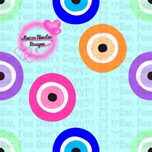 May include: A seamless pattern featuring colorful evil eye designs on a light blue background. The evil eyes are in various colors, including blue, orange, pink, and purple. The pattern is repeated throughout the image.