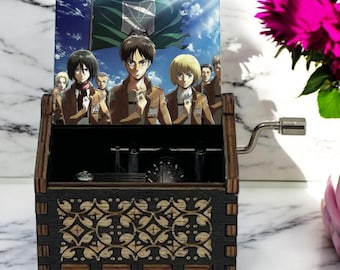 Attack on Titan Handcrank Music Box, Shingeki no Kyojin Eren Yeager Mikasa Ackerman Armin Levi Guren no Yumiya Handcrafted Shohen Anime Gift