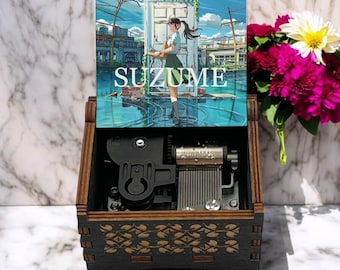 Suzume no Tojimari Wind up Music Box, Souta Munakata Suzume Iwato, Shinkai Magical Anime, Handcrafted Engraved Japanese Holiday Gift