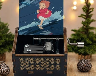 崖の上のポニョ オルゴール 手回し式 木製 彫刻入り