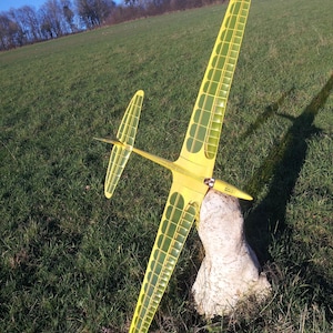 Puede incluir: Un planeador modelo amarillo con un diseño de ala transparente descansa sobre un campo cubierto de hierba. Las alas y la cola del planeador están sostenidas por una piedra blanca. El fondo presenta un cielo azul claro y árboles.