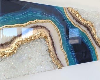 12x24  Gold, Saphire and Turquoise Ocean Resin Geode Art - Customizable Luxurious Modern Wall Art