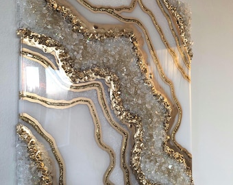 20x24 White Opal and Gold Resin Geode Art - Customizable Luxurious Modern Wall Art