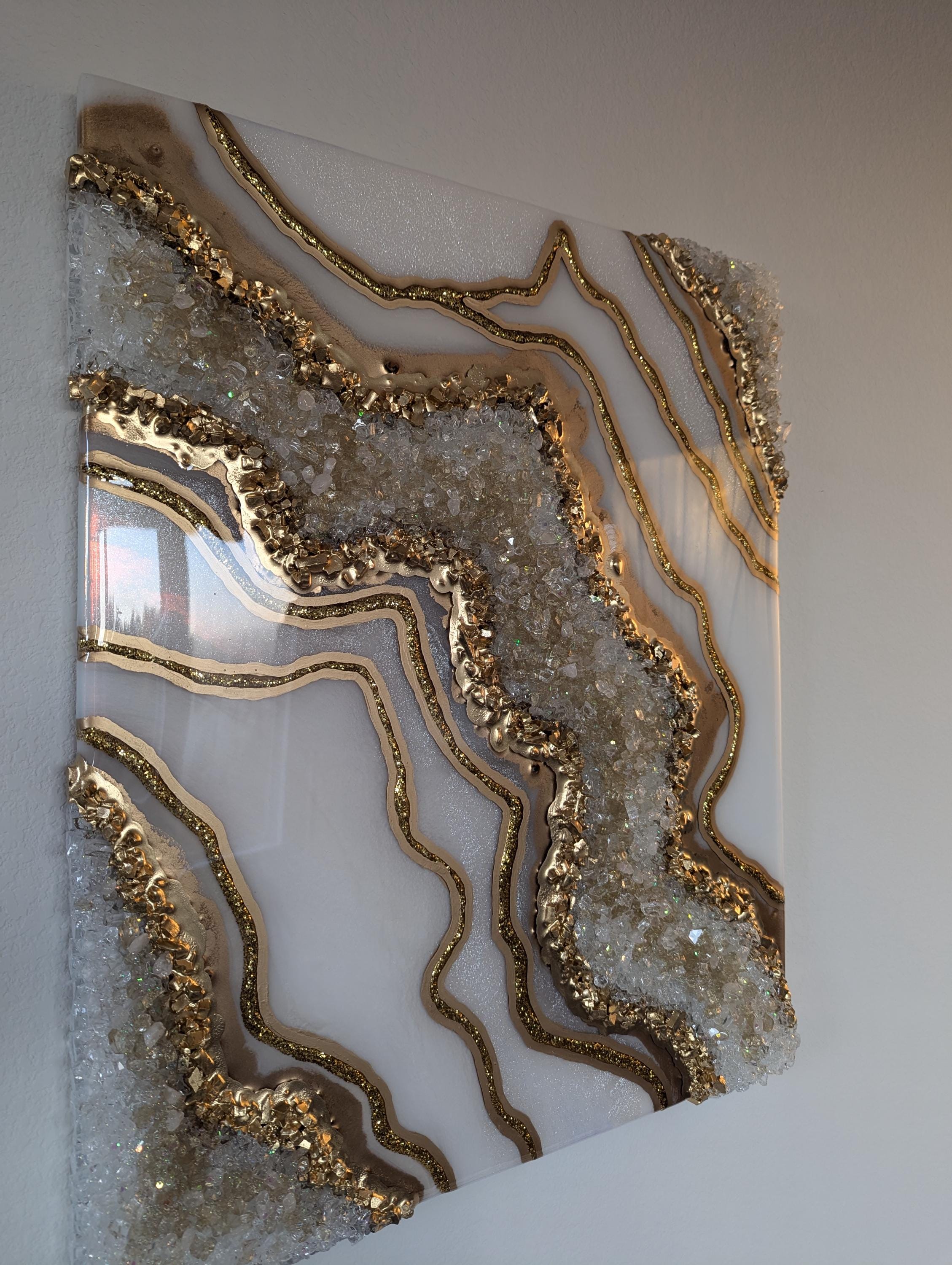 20x24 White Opal and Gold Resin Geode Art - Customizable Luxurious Modern Wall Art