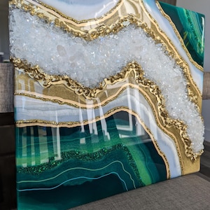 20x18 Emerald Green and Gold Resin Geode Art - Customizable Luxurious Modern Wall Art
