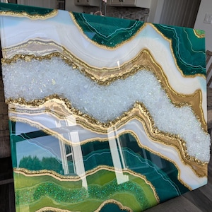 35x30 Emerald Green and Gold Resin Geode Art - Customizable Luxurious Modern Wall Art