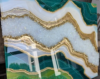 35x30 Emerald Green and Gold Resin Geode Art - Customizable Luxurious Modern Wall Art