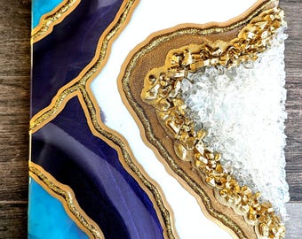 Teal, Amethyst and Gold Resin Geode Wall Art: Modern Crystal Decor (11x14)