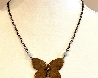 Lunarfly necklace, boho bohemian necklace, big little bird, blue jasper necklace, aged brass necklace, moth necklace, butterfly necklace