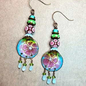Enameled  copper earrings, blue purple green earrings, OOAK, boho bohemian earrings, big little bird, artisan glass, floral earrings, lampwo
