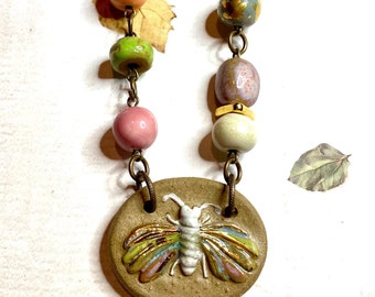 Magic moth necklace, handmade ceramic necklace, colourful necklace, OOAK, boho bohemian necklace, big little bird, Vintaj brass necklace