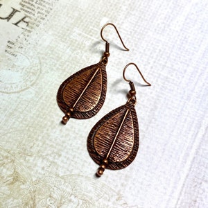 Copper Dangle Earrings, Boho Patterned Leaf Design