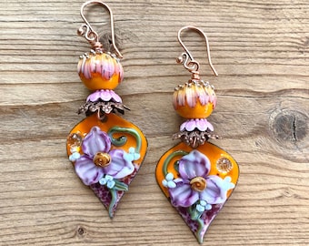 Enameled  copper earrings, orange earrings, OOAK, boho bohemian earrings, big little bird, floral flower earrings, purple earrings, bright