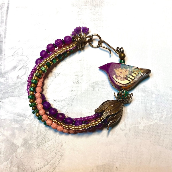 Multi strand bracelet, bird bracelet, boho bohemian bracelet, big little bird, purple bracelet, brass bracelet, vintaj tulip beadcaps, OOAK