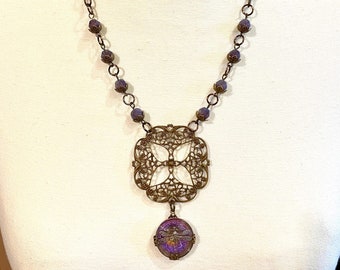 Oxidized Brass Filigree Necklace, Purple Czech Glass Dragonfly, Boho Bohemian