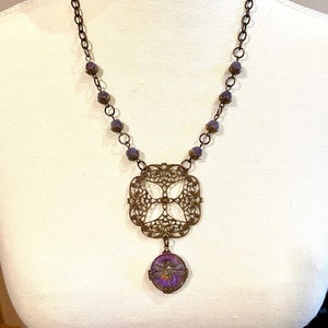 Oxidised brass filigree, boho bohemian necklace, big little bird, Czech glass button, dragonfly necklace, purple  necklace, vintaj filigree