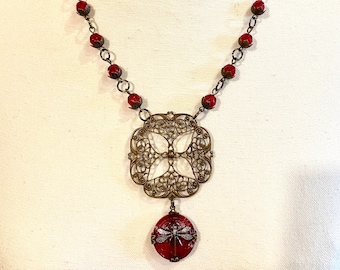 Oxidised brass filigree, boho bohemian necklace, big little bird, Czech glass button, dragonfly necklace, red  necklace, vintaj filigree nec