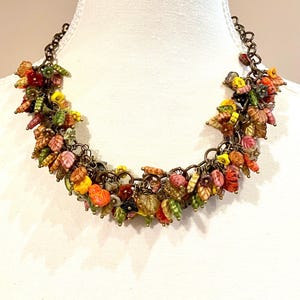 Autumn fall necklace, flower floral necklace, OOAK, boho bohemian necklace, big little bird, Czech glass, leaf necklace, seasonal necklace