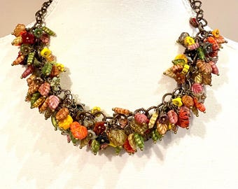 Autumn fall necklace, flower floral necklace, OOAK, boho bohemian necklace, big little bird, Czech glass, leaf necklace, seasonal necklace