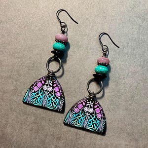 Blue green & purple earrings, OOAK, bohemian earrings, big little bird, artisan earrings, handmade polymer clay charms, lampwork glass beads