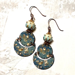 Enameled  copper earrings, floral earrings, bird earrings, OOAK, boho bohemian earrings, big little bird, artisan earrings, blue earrings
