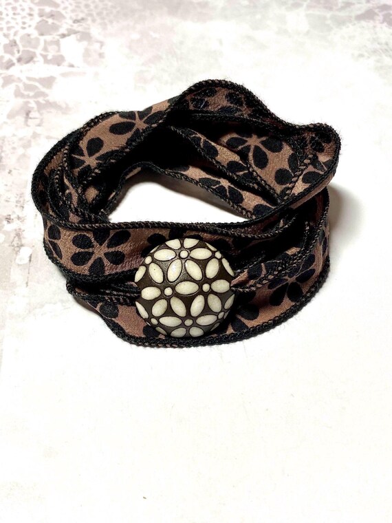 Wrap Bracelet, Vintage Sari Silk Ribbon Bracelet, Floral Bead