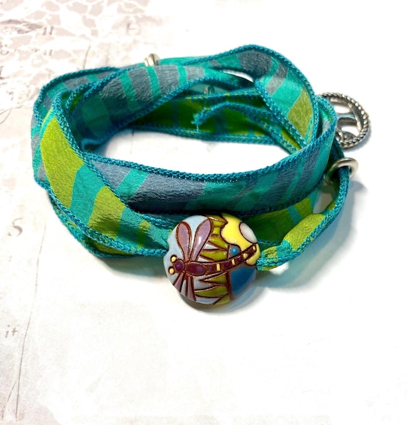 Wrap Bracelet, Vintage Sari Silk Ribbon Bracelet, Dragonfly Bead