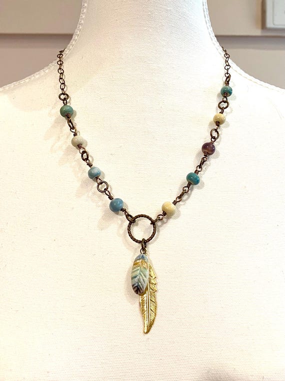 Feather Necklace, Handmade Ceramic Bead Necklace, Blue Necklace