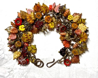Autumn bracelet, fall bracelet , OOAK, boho bohemian bracelet, big little bird, Czech glass bracelet, leaf bracelet, flower floral bracelet