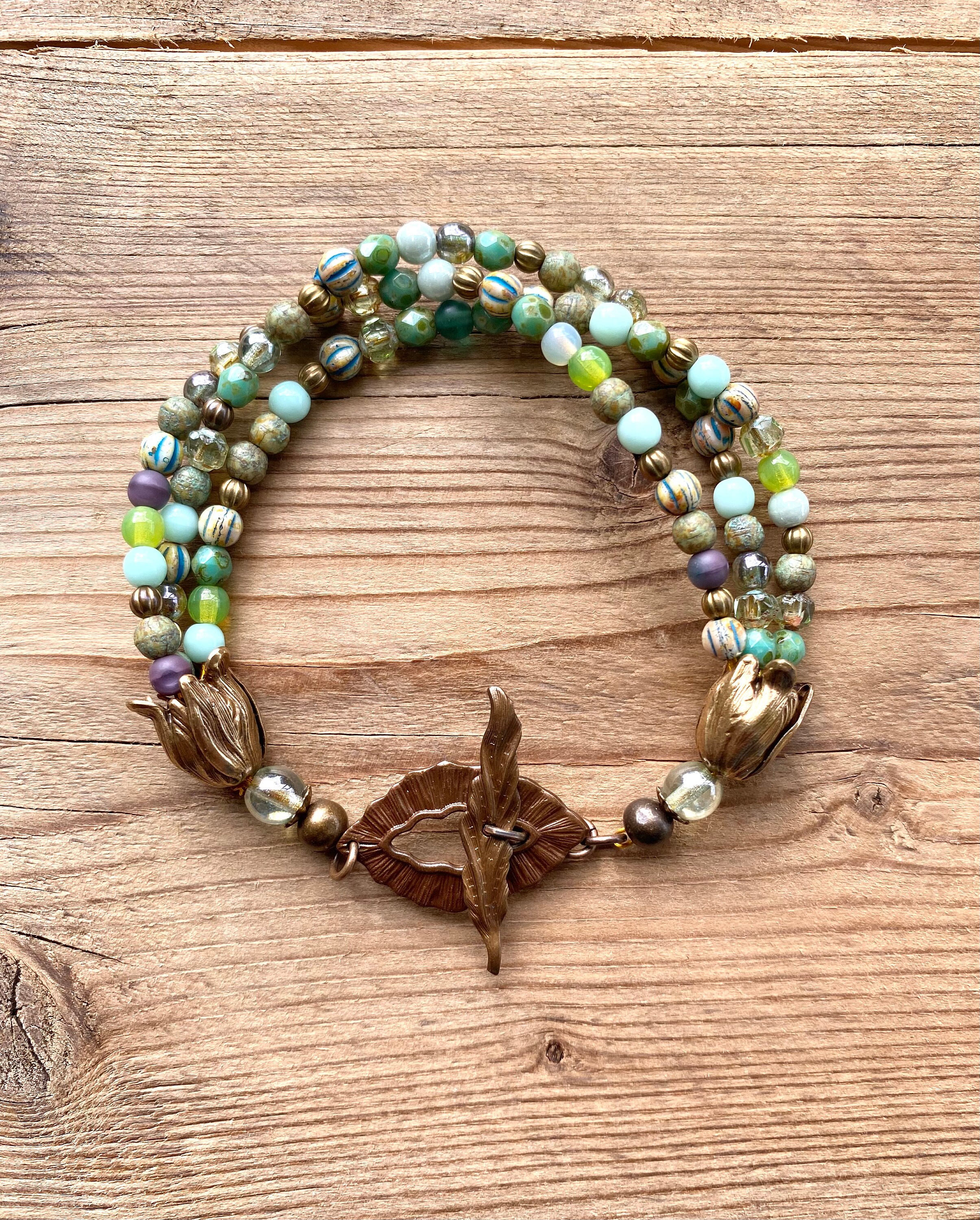 Multi Strand Bracelet, Tulip Flower Bracelet , OOAK, Boho Bohemian