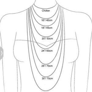 May include: A diagram showing different necklace lengths in inches and centimetres. The lengths are: Choker, 16 inches/40 centimetres, 18 inches/45 centimetres, 20 inches/50 centimetres, 24 inches/60 centimetres, 28 inches/70 centimetres, 30 inches/75 centimetres, and 32 inches/80 centimetres.