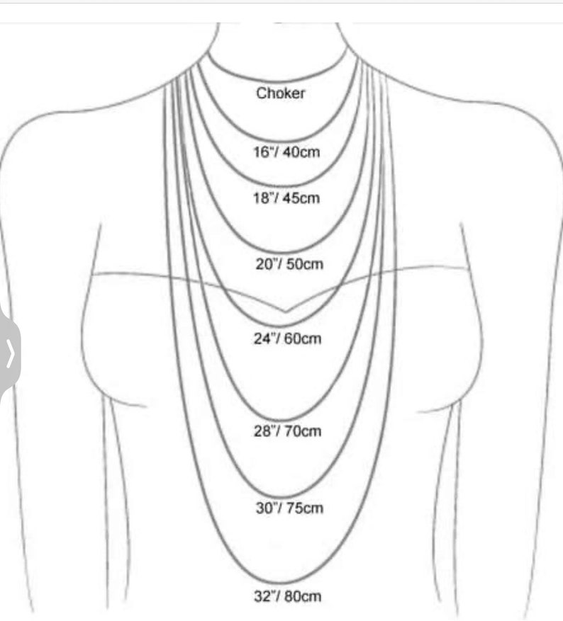 May include: A diagram showing different necklace lengths in inches and centimetres. The lengths are: Choker, 16 inches/40 centimetres, 18 inches/45 centimetres, 20 inches/50 centimetres, 24 inches/60 centimetres, 28 inches/70 centimetres, 30 inches/75 centimetres, and 32 inches/80 centimetres.