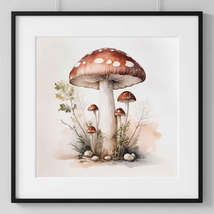 Arte de pared imprimible con acuarela de hongos, descarga instantánea de hongos vintage, ilustración de acuarela de hongos, arte de pared digital de naturaleza con hongos