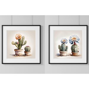 Puede incluir: Dos pinturas de acuarela enmarcadas de cactus en macetas. La pintura de la izquierda presenta un cactus con una flor rosa y naranja. La pintura de la derecha presenta un cactus con una flor azul.
